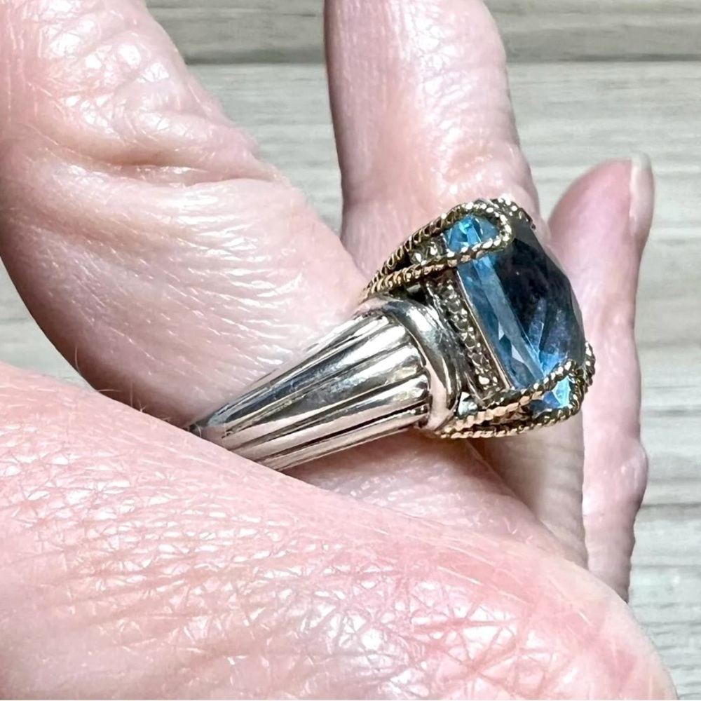 Vintage Designer Signed V Sterling Silver & 14K Yellow Gold 16mm Blue Topaz Ring - Picture 10 of 11